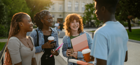 Three female and one male student chatting in a university location 